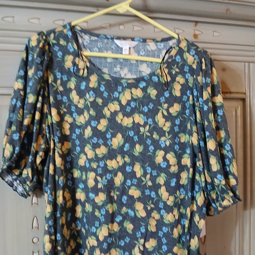 LC Lauren Conrad Floral Blouse with Blue and Yellow Accents